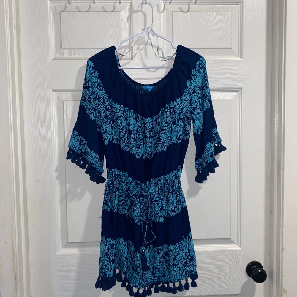 blue island Dark Blue Floral Elastic-Waist Romper